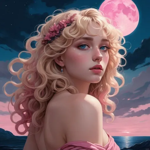 Prompt: A drawing of the Goddess of Love, Blonde wavy hair with bangs, blue eyes, dark pink and dark blue colors aesthetic, dark pink and dark blue sky, surreal, heavenly, ancient Greece aesthetic, Aphrodite aesthetic, elegant