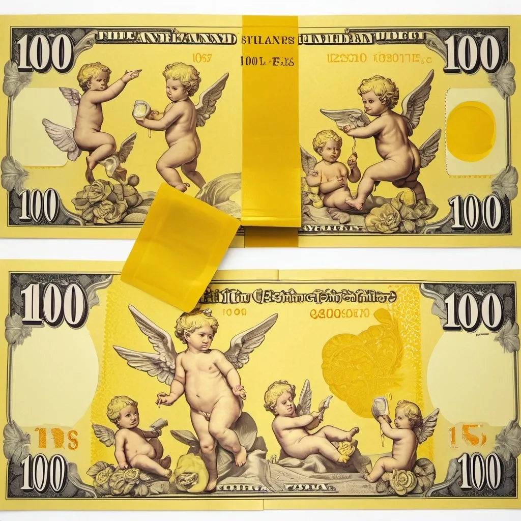 Prompt: A photo of a yellow 100$ banknote, urine themed banknote, banknote with many cherubs on them, cherubs seen peeing, toilet decorations are on the banknote, toilet aesthetic, yellow color theme, pastel aesthetic, colorful