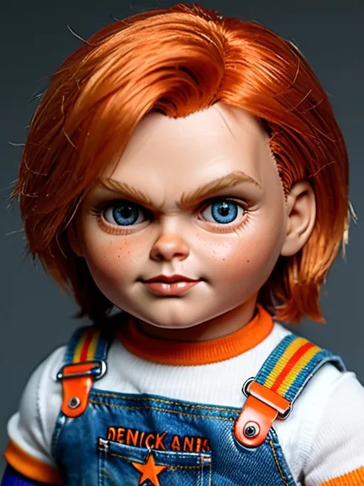 Prompt: Upscale, detailed face, detailed hair, plastic skin, like Chucky the doll, orange hair, bob hair style, straight hair, devilish look, short hair