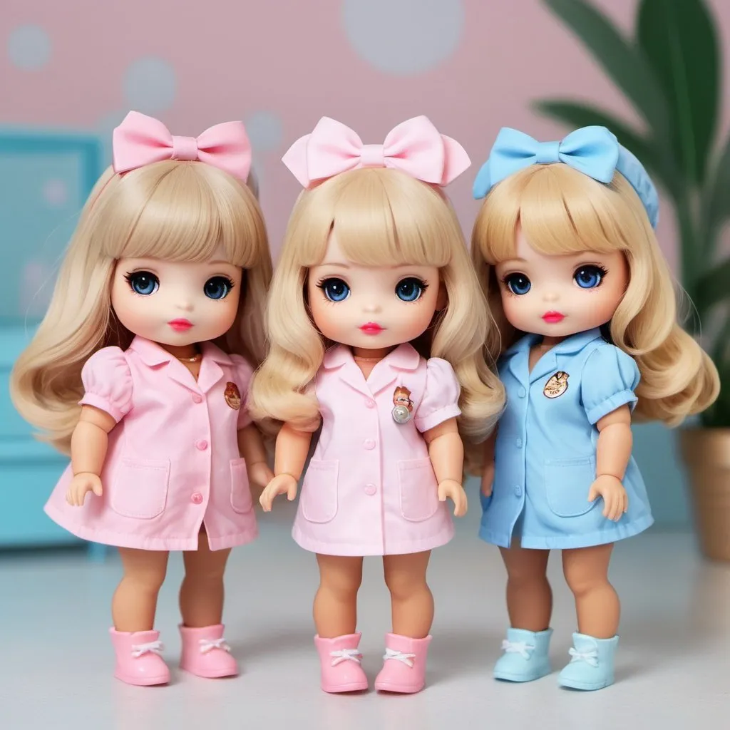 Prompt: 4 Sylvanian drama toys next to each other in scrubs, 4 feminine Sylvanian drama toys next to each other, pastel aesthetic, cute photoshoot of 4 toys, high heels, long black eyeliner, hair bow, blonde wavy hair with bangs, blue gorgeous eyes, big round eyes, ultra-detailed, girly, adorable, wavy hair, high quality, detailed eyes, professional, soft lighting, red lips, stethoscope around the neck of 4 toys