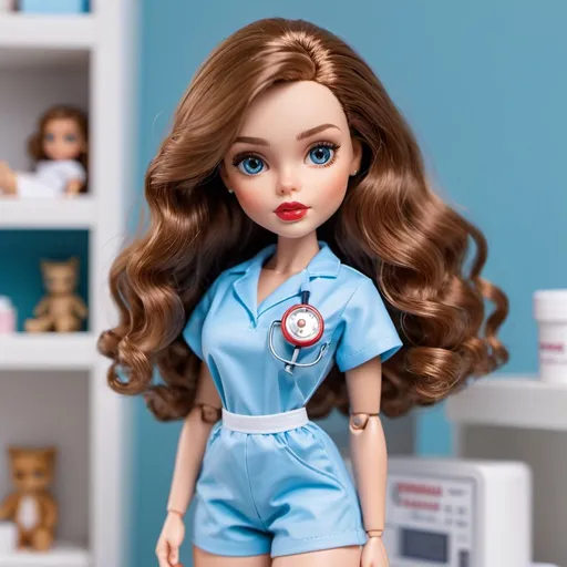 Prompt: 4 medicine student blythe dolls in scrubs, blue pastel aesthetic, cute photoshoot in pole dance studio aesthetic, high heels, cat eye eyeliner, hair bow, brown wavy hair with bangs, different hair colors, blue gorgeous eyes, ultra-detailed, pastel aesthetic, girly, adorable, wavy hair, intense gaze, high quality, detailed eyes, professional, soft lighting, curvy bodies, hot poses, red lips, stethoscope around neck 