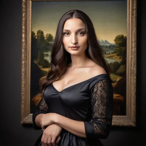 Prompt: Photo of Mona Lisa in coquette clothing, modern photography, professional photoshoot, feminine, gorgeous 