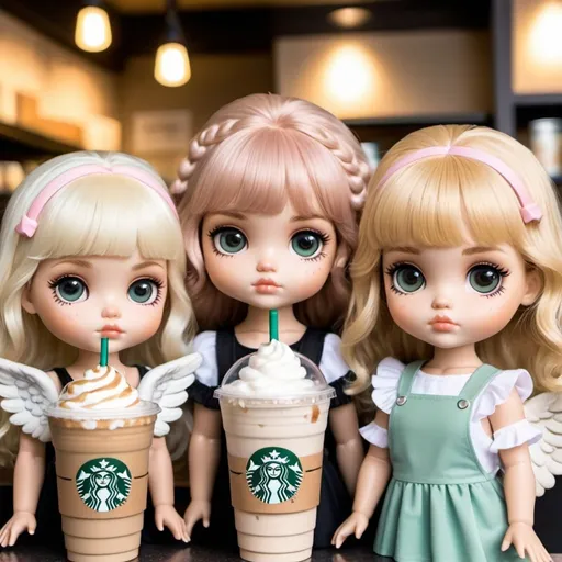 Prompt: 4 small biblically accurate angels that are so adorable and cute drinking iced latte at Starbucks looking at the camera, pastel colors, 4 angels with blonde hair and bangs, 4 angels that look like blythe dolls, 4 cherubs with a black eyeliner