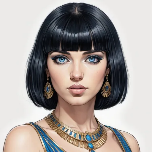 Prompt: A drawing of Cleopatra, black bob hair with bangs, blue eyes, fair skin, long black eyeliner, white background