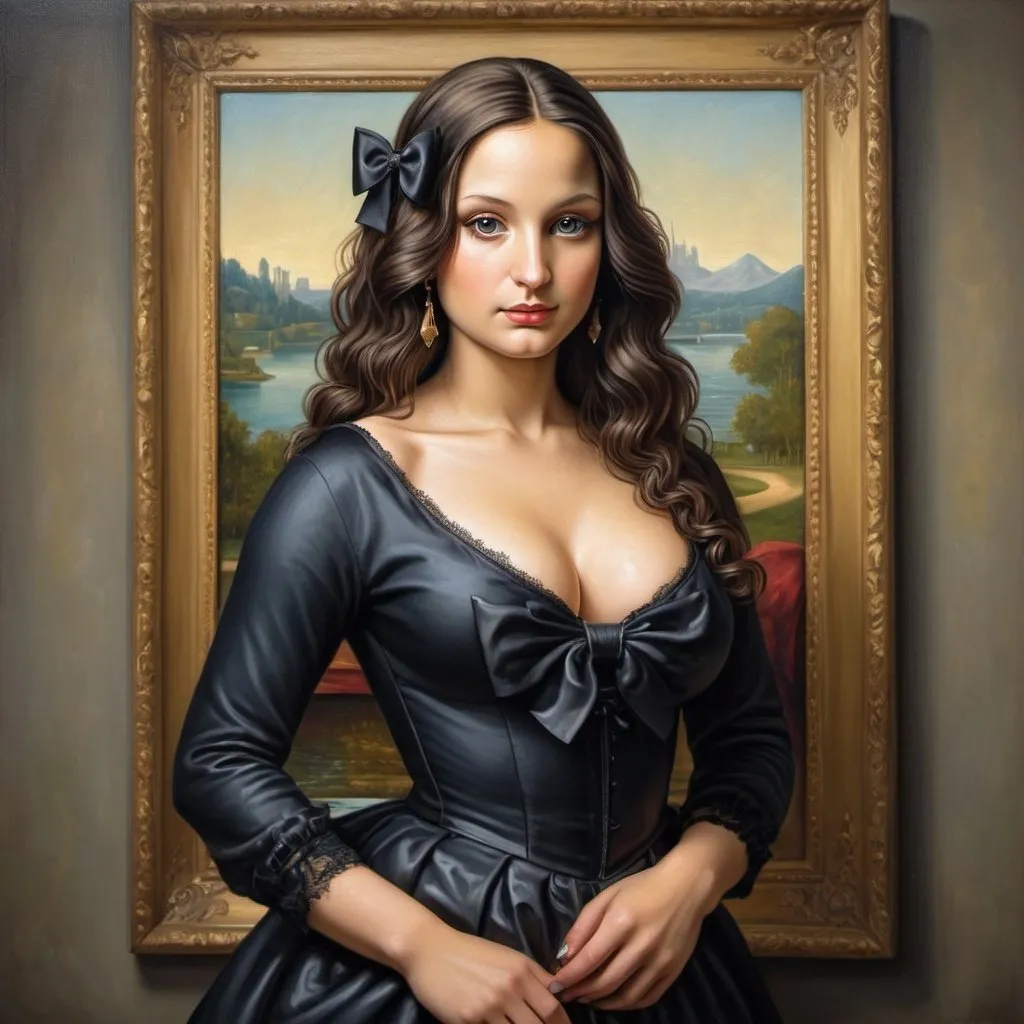 Prompt: Painting of Mona Lisa in girly attire, high heels, sharp jet black eyeliner, hair bow, wavy hair, gorgeous eyes, ultra-detailed, intense gaze, high quality, detailed eyes, soft lighting, full body, curvy figure, hot poses, Renaissance painting