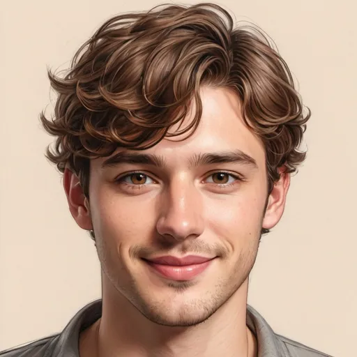 Prompt: A drawing of a young man, short wavy brown hair, light brown eyes, fair skin, smiling with lips closed, masculine, cute, small ears, attached ear lobes, a mole on the right cheek, full lips, straight nose, portrait, body visible