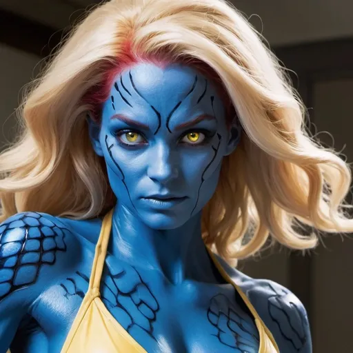 Prompt: Mystique from X-Men in the middle of her transformation, transforming into a beautiful blonde girl, science fiction, blue scaley skin, scales moving during transformation, no shirt, half-blue half-white skin, half-red half-blonde hair, one yellow one blue eye