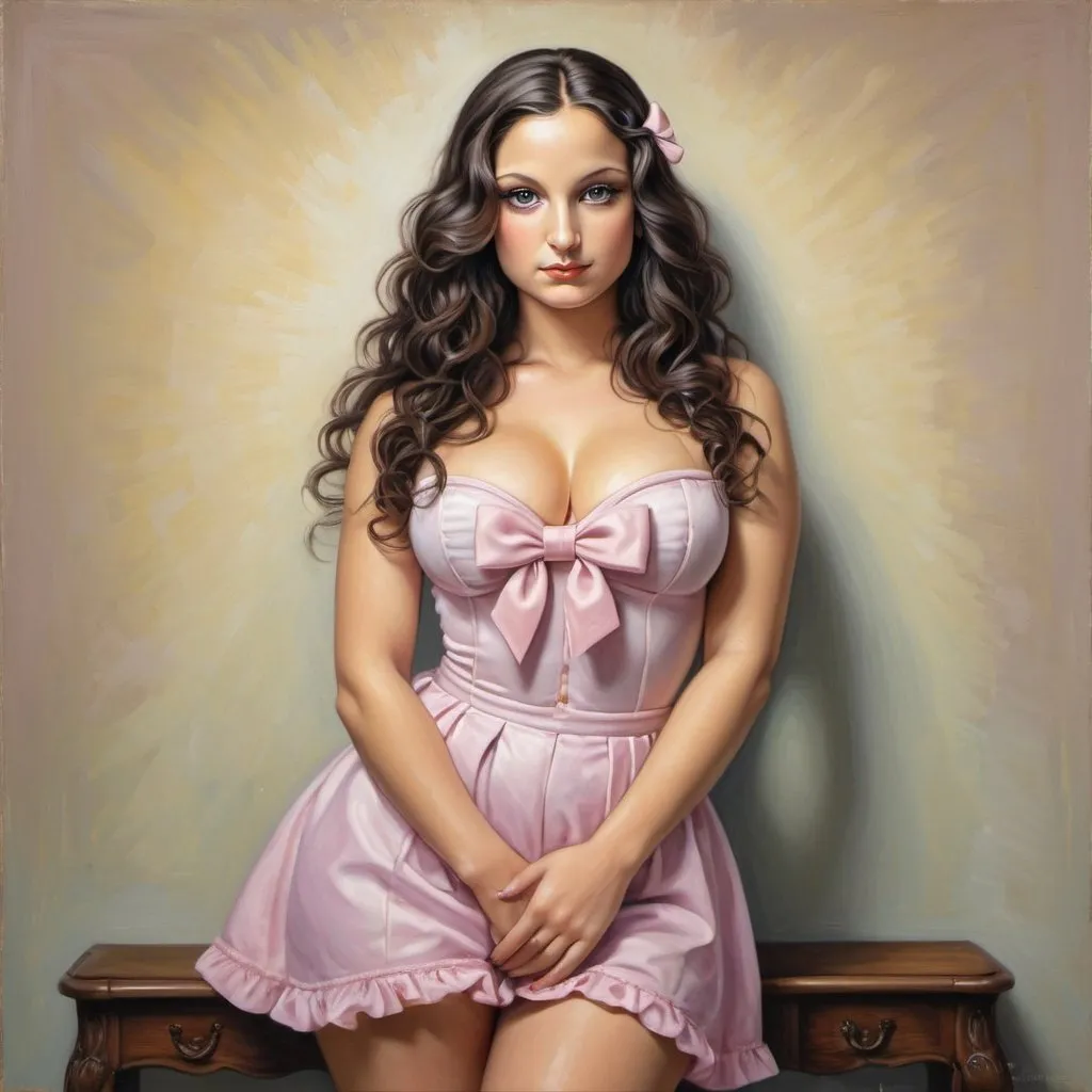 Prompt: Painting of Mona Lisa in girly attire, pastel colors, high heels, sharp jet black eyeliner, hair bow, wavy hair, gorgeous eyes, ultra-detailed, girly, adorable, intense gaze, high quality, detailed eyes, professional, soft lighting, full body, curvy figure, hot poses