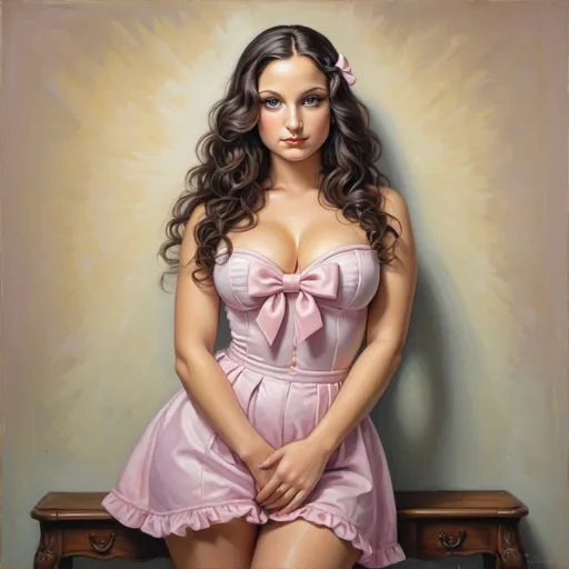 Prompt: Painting of Mona Lisa in girly attire, pastel colors, high heels, sharp jet black eyeliner, hair bow, wavy hair, gorgeous eyes, ultra-detailed, girly, adorable, intense gaze, high quality, detailed eyes, professional, soft lighting, full body, curvy figure, hot poses