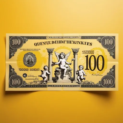 Prompt: A photo of a yellow 100$ banknote, urine themed banknote, banknote with many cherubs on them, cherubs seen peeing, toilet decorations are on the banknote, toilet aesthetic, yellow color theme