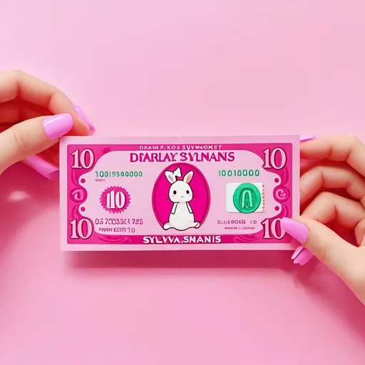 Prompt: A photo of a pink 100$ banknote, pink banknote, banknote with tiny Sylvanian drama toy decors on it, feminine, bow decors are on the banknote, pastel aesthetic, colorful, simple background, Sylvanian drama aesthetic 