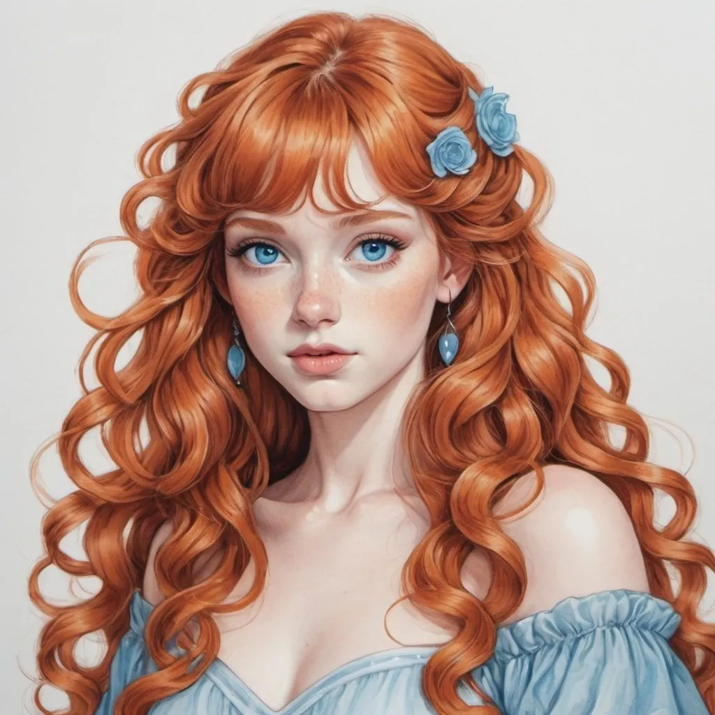 Prompt: A drawing of the Goddess of Love, Ginger wavy hair with bangs, blue eyes