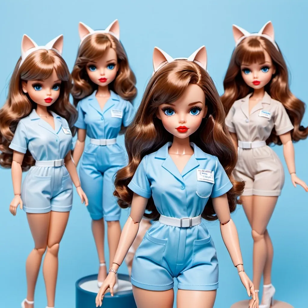 Prompt: 4 medicine student blythe dolls in scrubs, blue pastel aesthetic, cute photoshoot in pole dance studio aesthetic, high heels, cat eye eyeliner, hair bow, brown wavy hair with bangs, different hair colors, blue gorgeous eyes, ultra-detailed, pastel aesthetic, girly, adorable, wavy hair, intense gaze, high quality, detailed eyes, professional, soft lighting, curvy bodies, hot poses, red lips