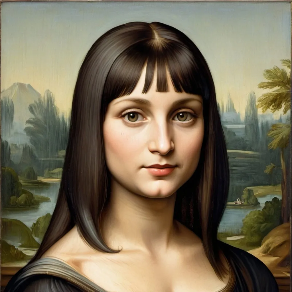 Prompt: Old painting of Mona Lisa with bangs and short straight hair, bob hair