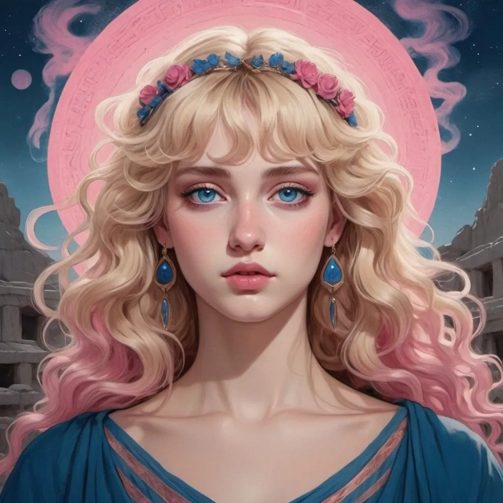 Prompt: A drawing of the Goddess of Love, Blonde wavy hair with bangs, blue eyes, dark pink and dark blue colors aesthetic, surreal, heavenly, ancient Greece aesthetic