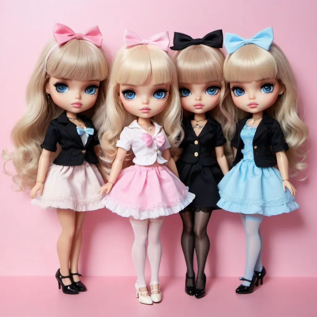 Prompt: 4 blythe toys in girly attire, pink pastel aesthetic, 4 Victoria’s secret angels aesthetic, high heels, sharp jet black eyeliner, hair bow, blonde wavy hair with bangs, different hair colors, blue gorgeous eyes, ultra-detailed, pastel aesthetic, girly, adorable, wavy hair, intense gaze, high quality, detailed eyes, professional, soft lighting, full body photoshoot, curvy figure, hot poses, stockings, 