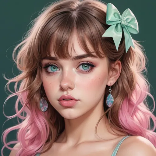 Prompt: A drawing of a German girl, long brown wavy hair with bangs, green to blue eyes, one lip piercing, gorgeous, cute, big chest, cleavage, feminine, pink pastel aesthetic, silver circular lip piercing, one pink bow on hair