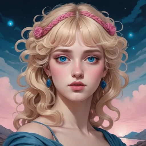 Prompt: A drawing of the Goddess of Love, Blonde wavy hair with bangs, blue eyes, dark pink and dark blue colors aesthetic, surreal, heavenly, ancient Greece aesthetic