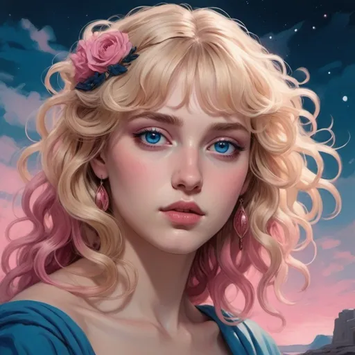 Prompt: A drawing of the Goddess of Love, Blonde wavy hair with bangs, blue eyes, dark pink and dark blue colors aesthetic, surreal, heavenly, ancient Greece aesthetic