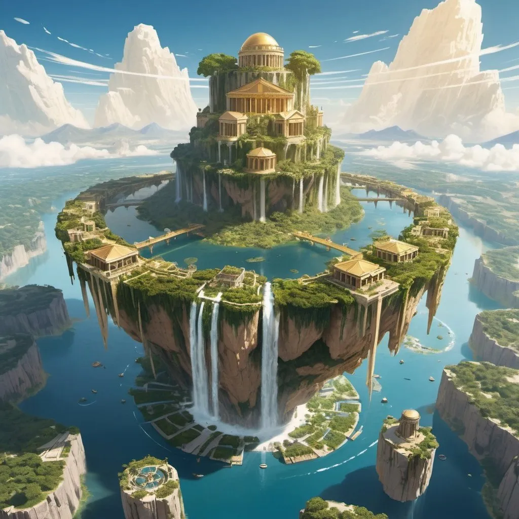 Prompt: Many floating islands circling a bigger floating island in the middle of the sky, tall celestial buildings with golden and white hues, greenery, lakes and waterfalls, bridges between islands, ancient greek building aesthetic, at the center is a very tall building 