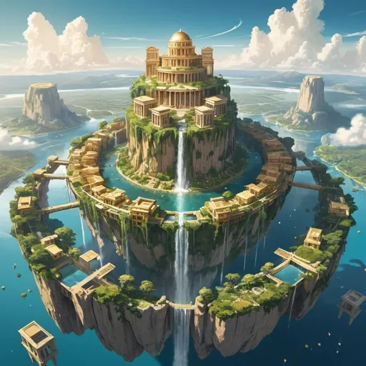 Prompt: Many floating islands circling a bigger floating island in the middle of the sky, tall celestial buildings with golden and white hues, greenery, lakes and waterfalls, bridges between islands, ancient greek building aesthetic, at the center is a very tall building 