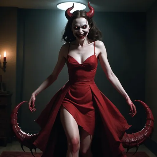 Prompt: Biblically accurate demon, feminine, high heels, dramatic lighting, red aesthetic, dress made of flesh, demon tail, big pitch-black eyes, scary smile, sharp teeth, dark environment, the lipstick-face demon from insidious movie, the red-faced demon