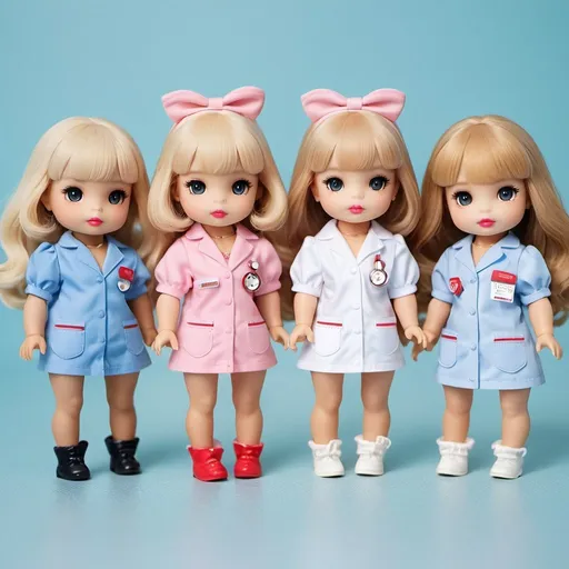 Prompt: 4 Sylvanian drama toys next to each other in scrubs, 4 feminine Sylvanian drama toys next to each other, pastel aesthetic, cute photoshoot of 4 toys, high heels, long black eyeliner, hair bow, blonde wavy hair with bangs, blue gorgeous eyes, big round eyes, ultra-detailed, girly, adorable, wavy hair, high quality, detailed eyes, professional, soft lighting, red lips, stethoscope around the neck of 4 toys