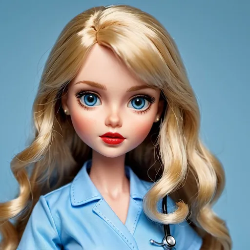 Prompt: 4 medicine student blythe dolls in scrubs, blue pastel aesthetic, cute photoshoot, high heels, long black eyeliner, hair bow, blonde wavy hair with bangs, blue gorgeous eyes, big round eyes, ultra-detailed, girly, adorable, wavy hair, high quality, detailed eyes, professional, soft lighting, red lips, stethoscope around neck 