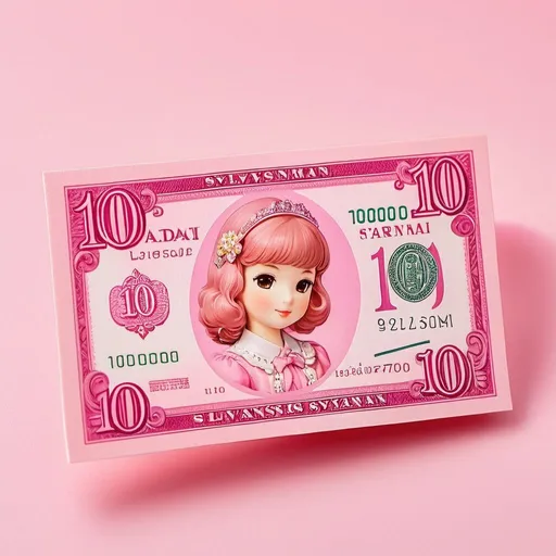 Prompt: A photo of a pink 100$ banknote, banknote with tiny Sylvanian drama toy decors on it, feminine, pastel aesthetic, colorful, simple background, Sylvanian drama toys aesthetic