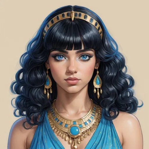 Prompt: A drawing of Cleopatra, black wavy hair with bangs, blue eyes