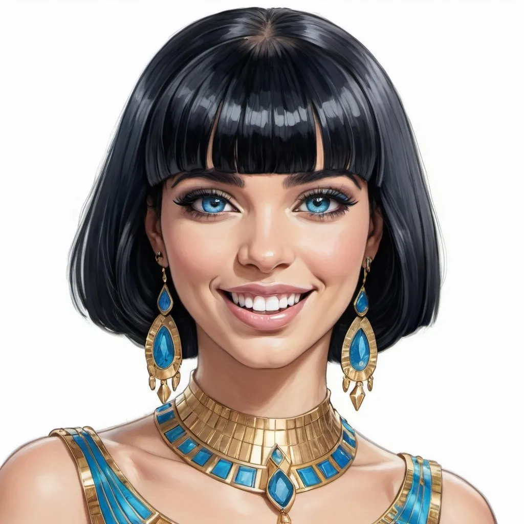 Prompt: A drawing of Cleopatra smiling, black bob hair with bangs, blue eyes, fair skin, long black eyeliner, a big chunk of diamond in her mouth, white background