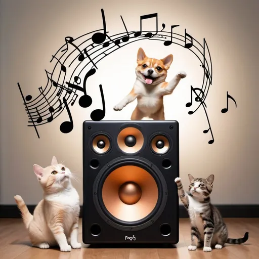 Prompt: cat and dog dancing with music notes surrounding them with speaker in backround