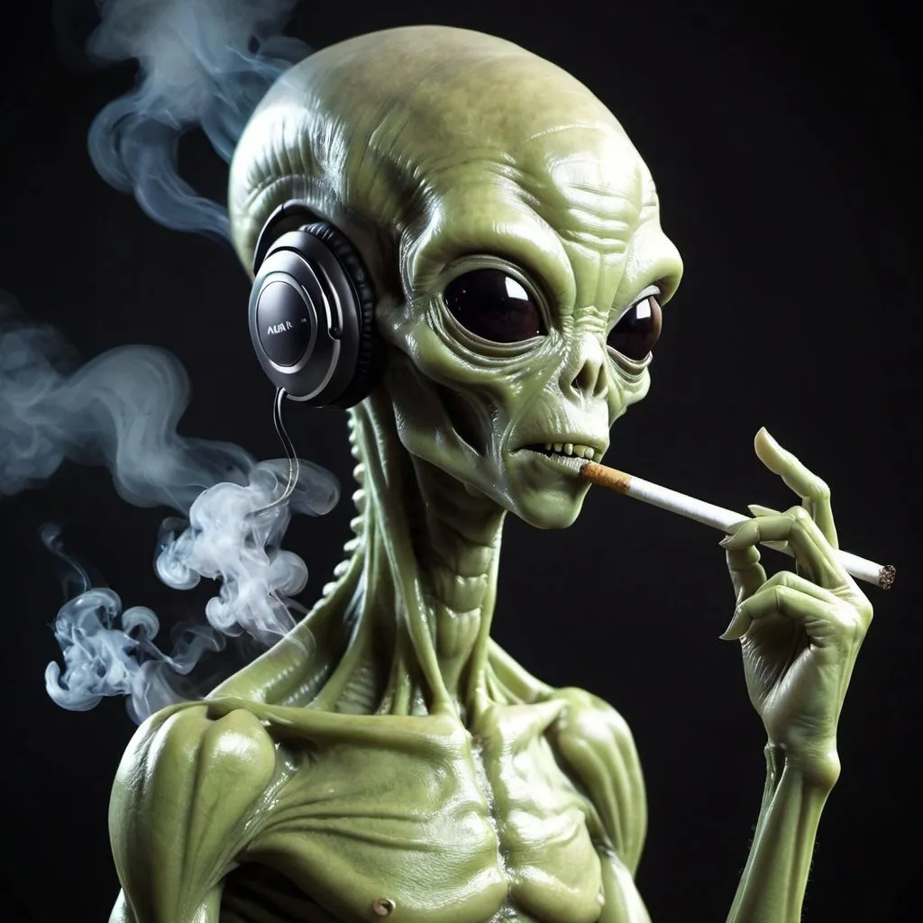 Prompt: alien wth headphones on smoking a joint music notes surrounding him