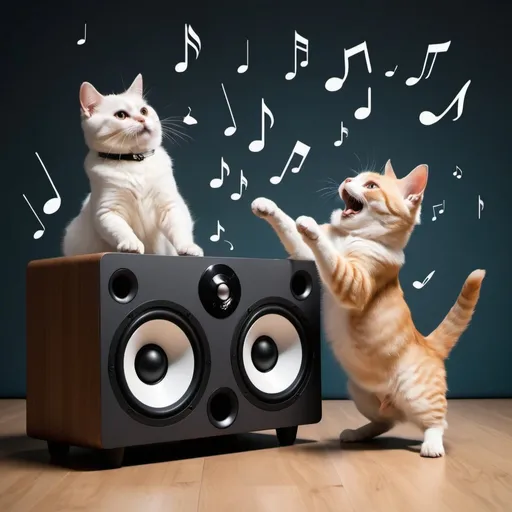 Prompt: cat and dog dancing with music notes surrounding them with speaker in backround