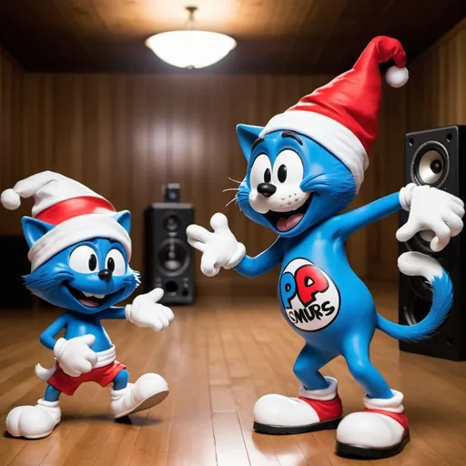 Prompt: felix the cat dancing with papa smurf with speaker in backround