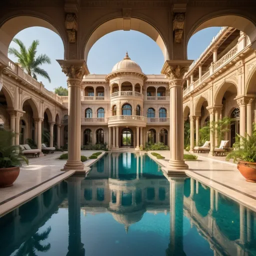 Prompt: luxurious palace, (ornate architecture), sprawling grounds, (stunning huge pool), glass features, and rich detailing, surrounded by lush gardens, (making waves shimmer), magnificent landscape, extravagant lifestyle, warm sunlight casting reflections, inviting atmosphere, grandeur in every corner, (HD), inviting space resembling an oasis.