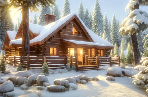 Prompt: Cozy log cabin in spring mountain, warm and inviting, realistic, pine tree surroundings, detailed wood texture, natural lighting, high quality, photo-realistic, cozy atmosphere, spring vibes, detailed landscape, warm color tones, lush greenery, detailed interior, professional rendering, mountain cabin, inviting ambiance, realistic lighting, detailed vegetation