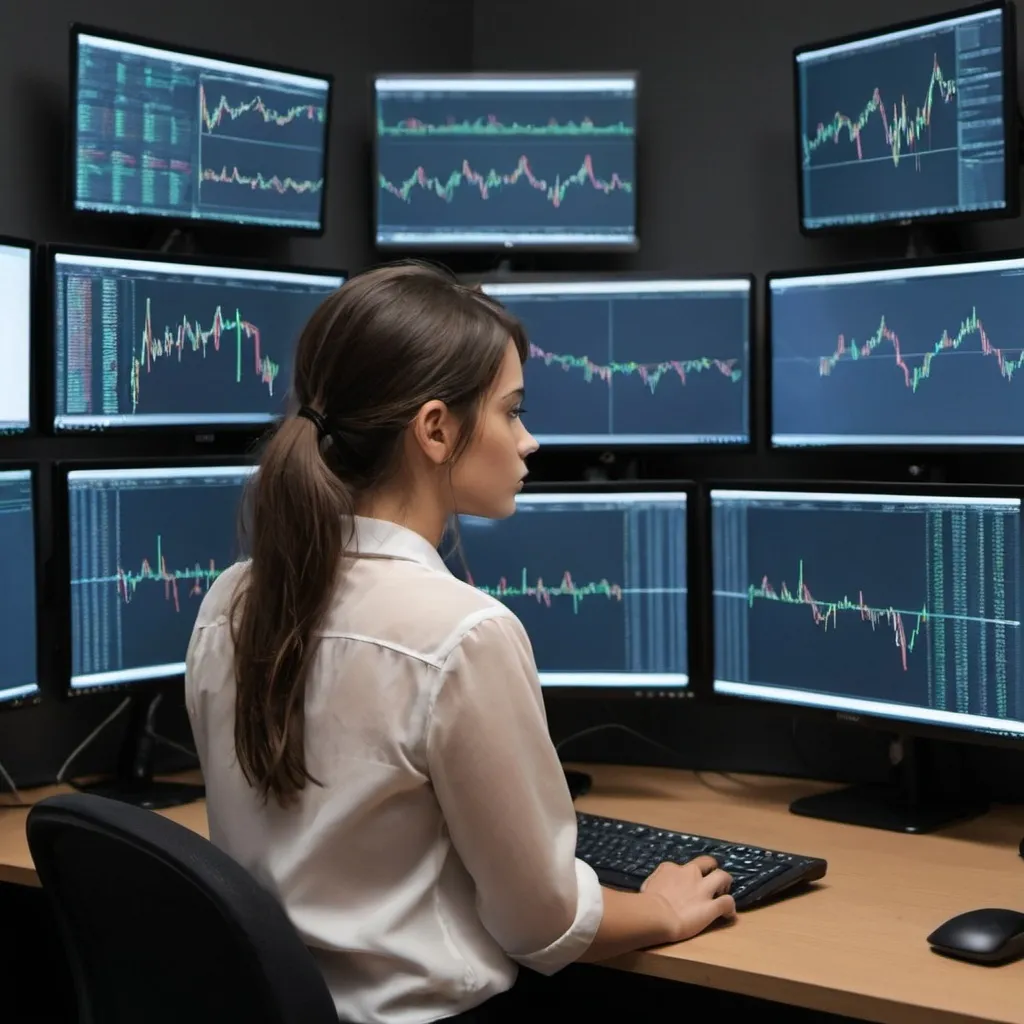 Prompt: draw a picture of a girl looking at multiple monitors doing share trading