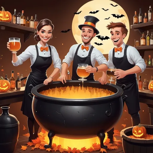 Prompt: Happy bartenders mixing in a large cauldron, cartoon-style, fall and halloween theme