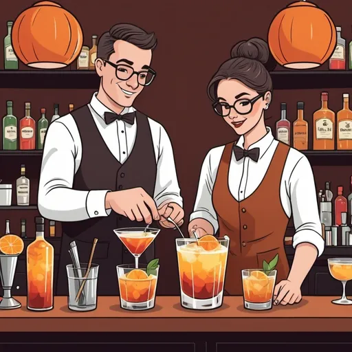 Prompt: Cartoon-style Image of bartenders preparing new fall cocktail.
