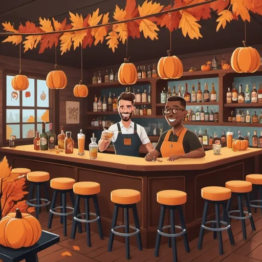 Prompt: Cartoon-style Fall-themed bar setting with customer and bartender