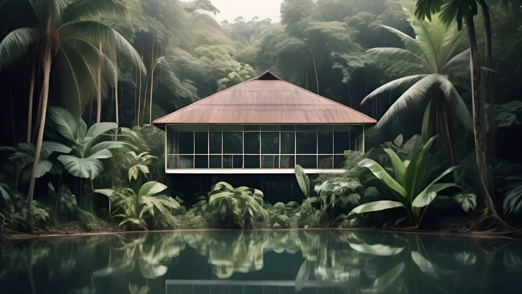 Prompt: liminal space, large space, tropical jungle, realistic, art photography, lake, realistic light, a house