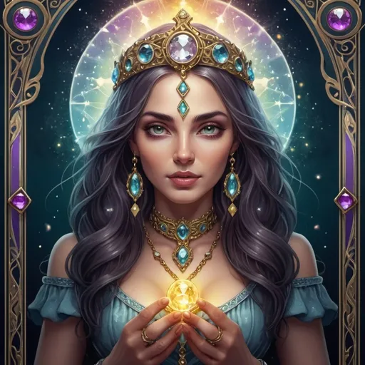 Prompt: Realistic tarot card illustration of a magical female, jeweled tones, detailed features, high quality, realistic, tarot card style, magical aura, ornate details, mystical atmosphere, enchanting color palette, professional lighting