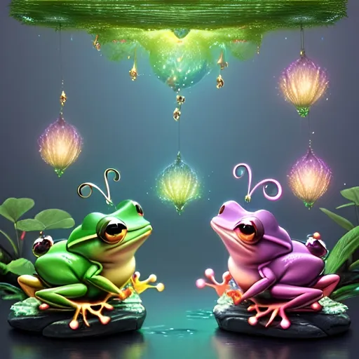 Prompt: (whimsical cgi frogs), vibrant colors, enchanting magical elements, humorous expressions, dynamic poses, sparkling backgrounds, surreal atmosphere, playful ambiance, imaginative setting, lighthearted and cheerful mood, ultra-detailed and high-quality rendering, fantastical features.