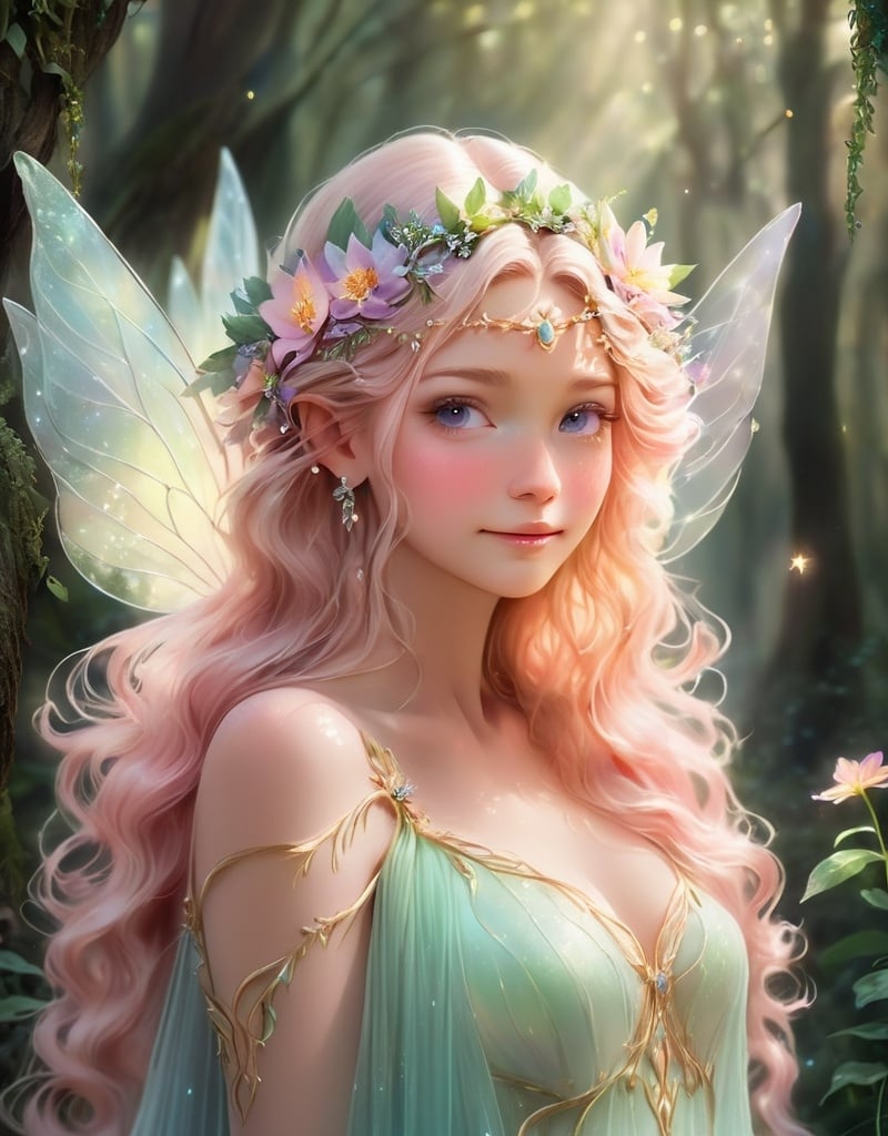 Prompt: Fairy goddess, ethereal and mystical, magical forest setting, flowing gown with shimmering details, intricate floral crown, radiant and glowing, soft pastel color palette, dreamy and whimsical, fantasy, high quality, ethereal style, soft lighting, detailed wings, enchanted atmosphere, facial closeup
