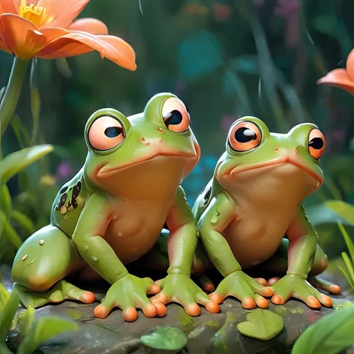 Prompt: (whimsical cgi frogs), vibrant colors, enchanting magical elements, humorous expressions, dynamic poses, sparkling backgrounds, surreal atmosphere, playful ambiance, imaginative setting, lighthearted and cheerful mood, ultra-detailed and high-quality rendering, fantastical features.