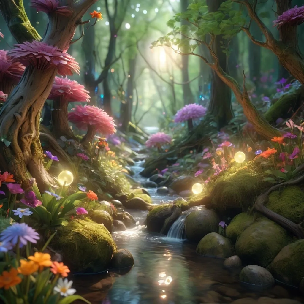 Prompt: an enchanting forest with a babbling brook, high quality, intricately detailed, whimsical, fairies, unicorns, flowers, vivid colors, orbs of light, unreal engine, crisp, 