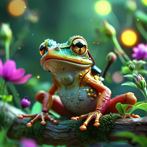 Prompt: (whimsical cgi frogs), (vibrant colors), enchanting magical elements, humorous expressions, crazy magical funny, dynamic poses, sparkling backgrounds, surreal atmosphere, playful ambiance, imaginative setting, lighthearted and cheerful mood, ultra-detailed, high-quality rendering, fantastical features, lush greenery, whimsical flowers, shimmering lights, captivating visuals, imaginative playfulness, dreamlike essence, fantasy realm.