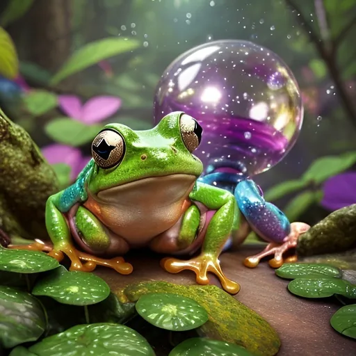 Prompt: (whimsical cgi frogs), vibrant colors, enchanting magical elements, humorous expressions, dynamic poses, sparkling backgrounds, surreal atmosphere, playful ambiance, imaginative setting, lighthearted and cheerful mood, ultra-detailed and high-quality rendering, fantastical features.