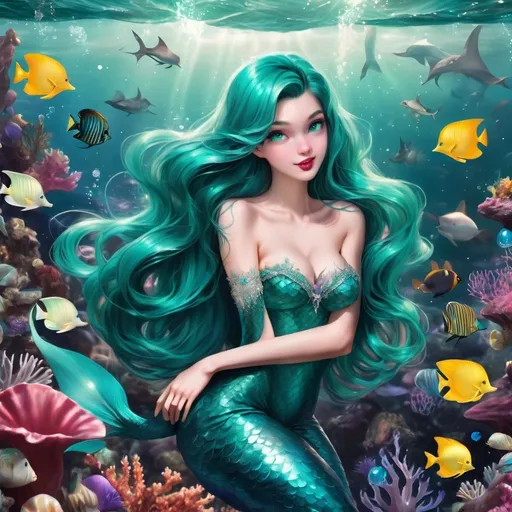 Prompt: Beautiful mermaid, with long shiny teal hair, has a sparkly teal tail, in an ocean full of marine life 